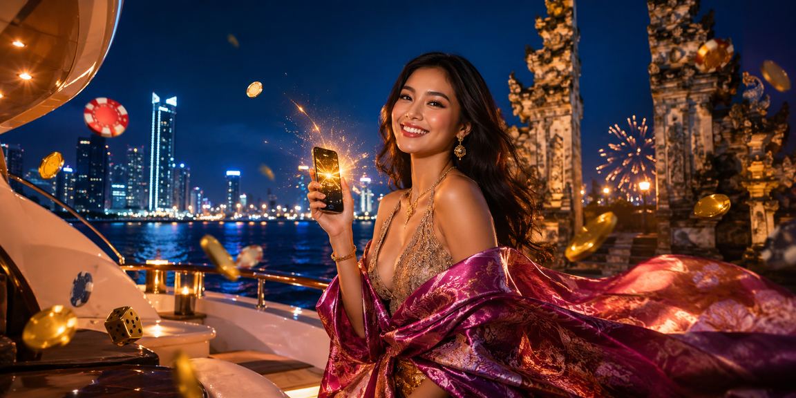 Suasana festival meriah dengan tampilan aplikasi casino di layar dan cahaya warna-warni