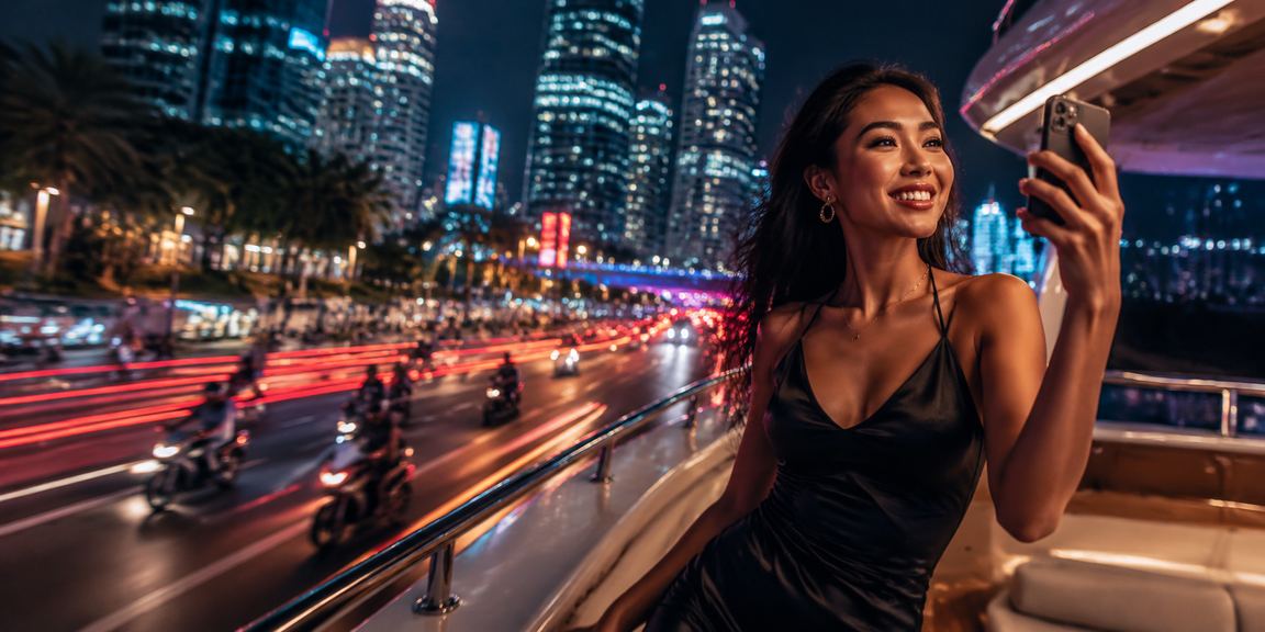 Tampilan neon berwarna-warni dari platform casino mobile di malam hari