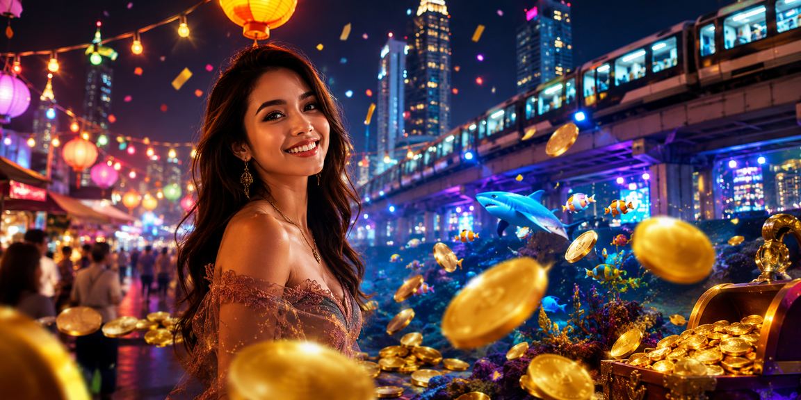 Tampilan permainan ban ca tembak ikan di pasar malam dengan cahaya berwarna