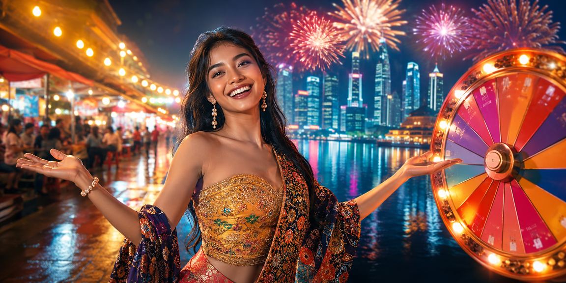 Suasana malam meriah di pasar dengan cahaya lucky draw berwarna-warni